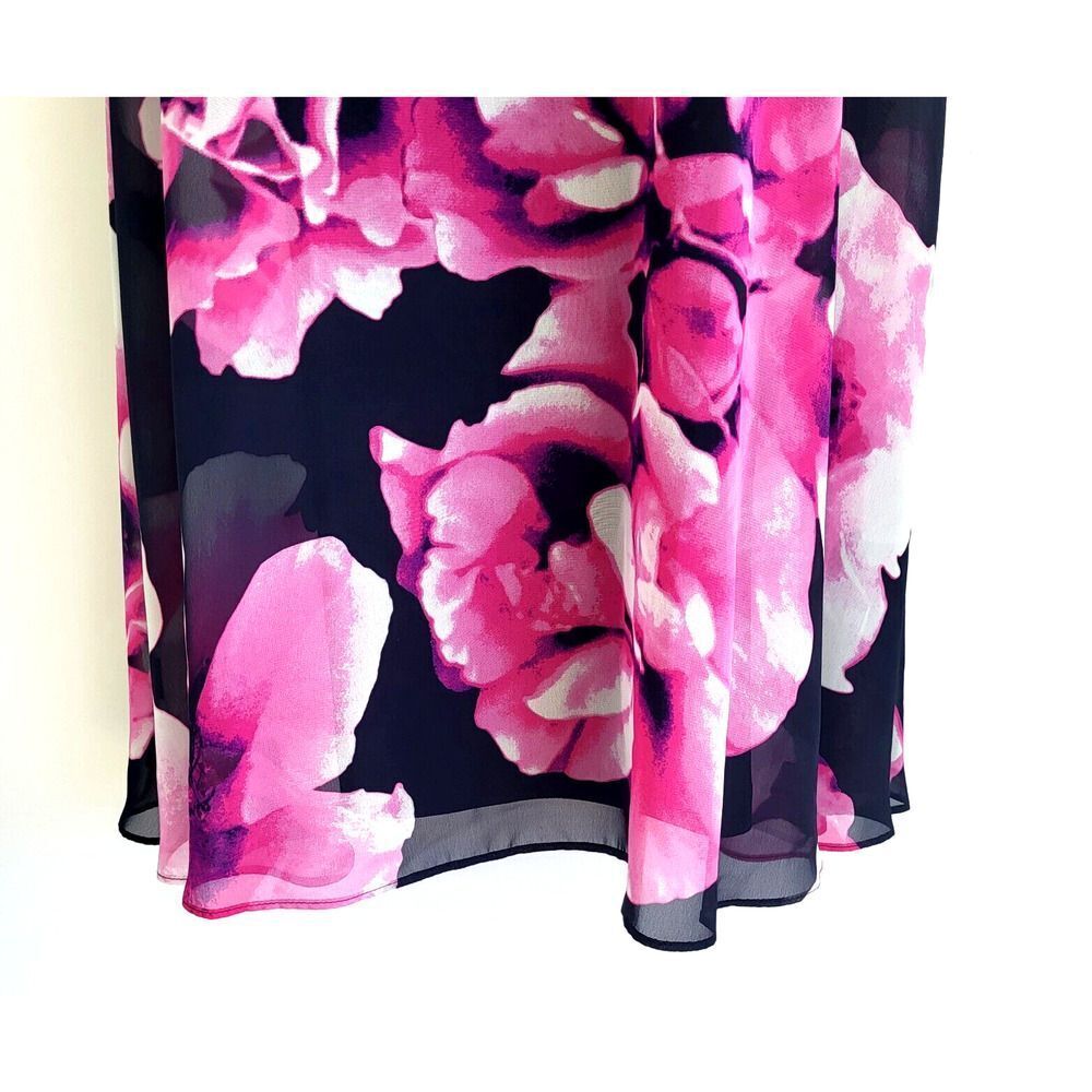 Eliza J Size 12 Multi-Colored Floral Chiffon Overlay Dress Back Zip Black Pink - Picture 12 of 15